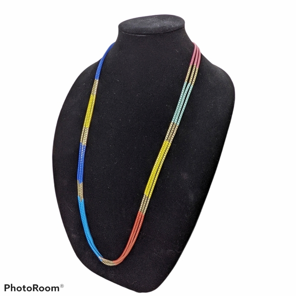 Necklace Long Multistrand Multicolor Box Chain Gold Blue Yellow Red Pink - Picture 3 of 5